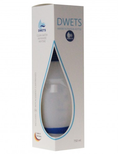 Trinkflasche mit integrierter Wasserfilter, hier in der Verpackung.