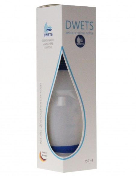 Trinkflasche mit integrierter Wasserfilter, hier in der Verpackung.
